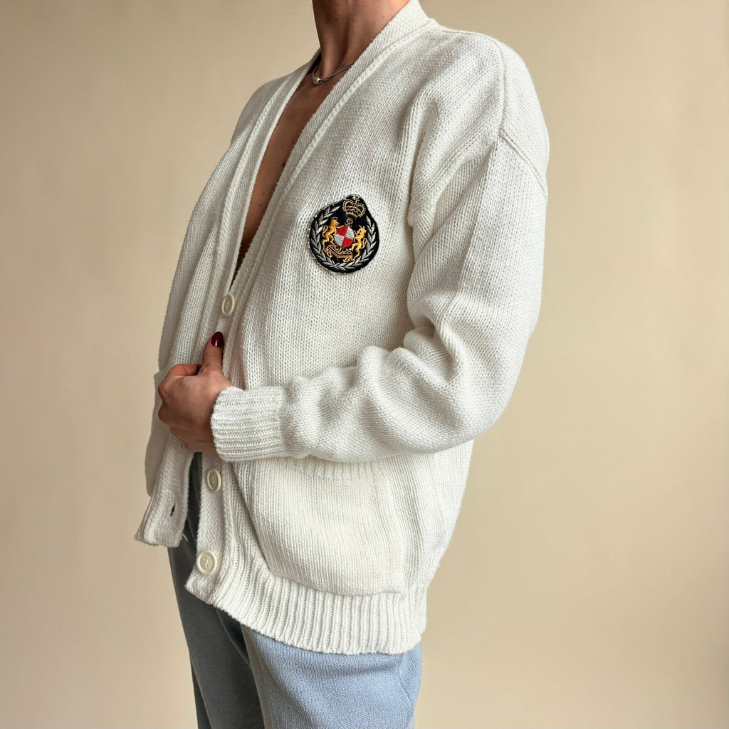 Fall River Knitting Mills Collegiate Cardigan - Embroidered Patches, S/M