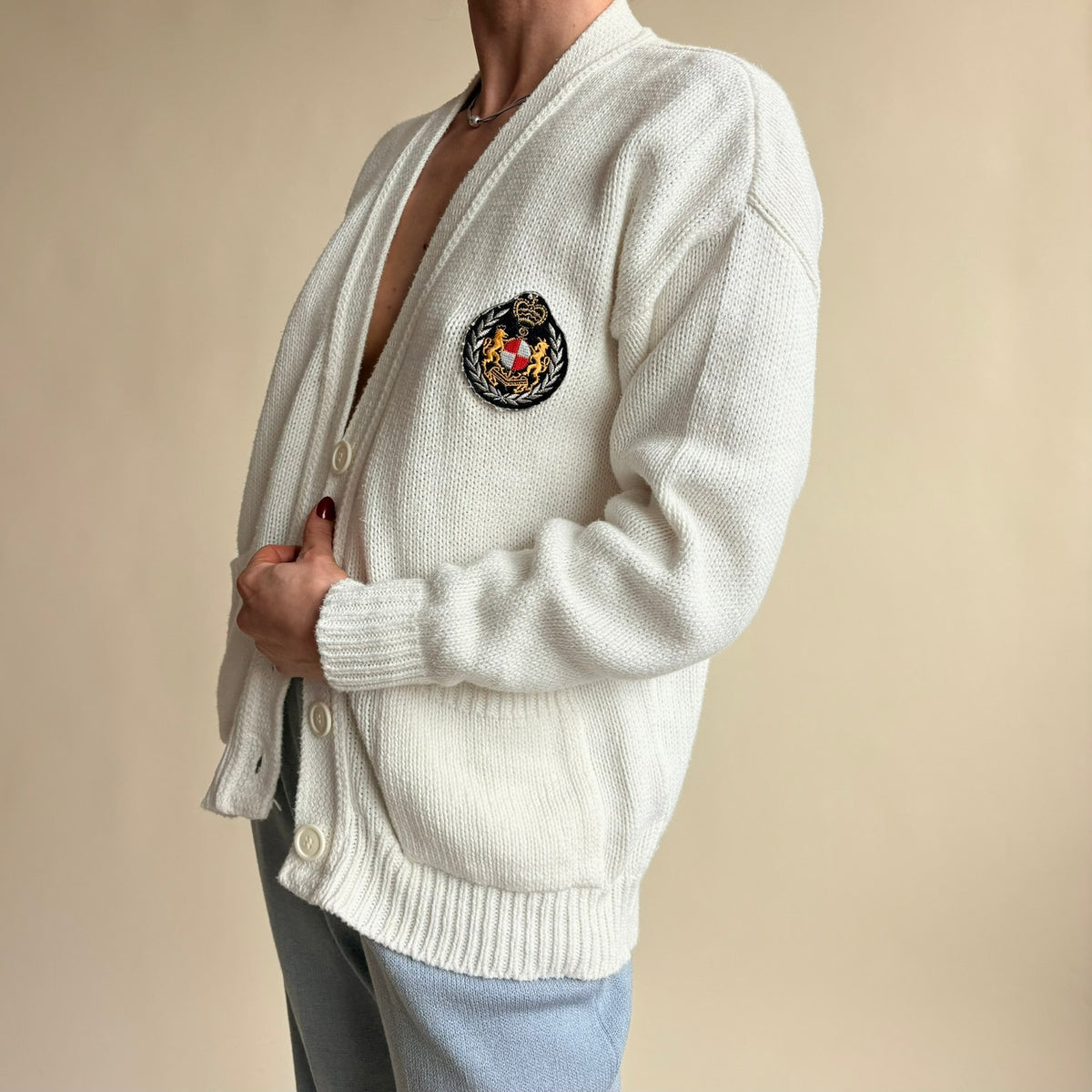 Fall River Knitting Mills Collegiate Cardigan - Embroidered Patches, S/M