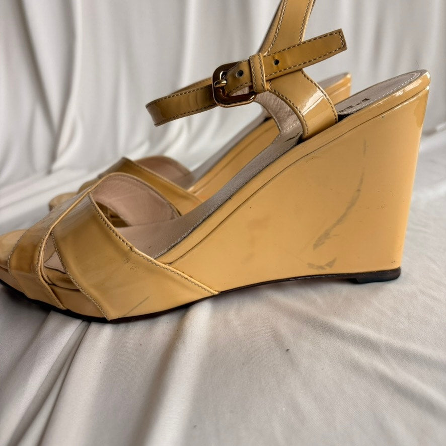 Vintage Prada Butter Yellow Patent Leather Wedge Sandals - Y2K, EU 39.5/US 9.5