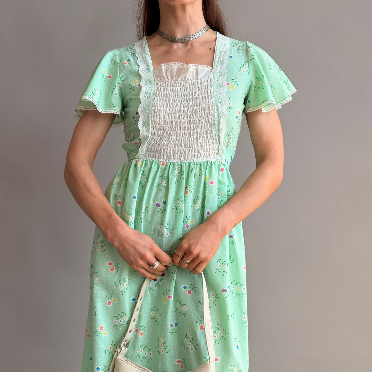 Vintage 70s Sears Growing Girl  Green Floral Prairie Dress - Small
