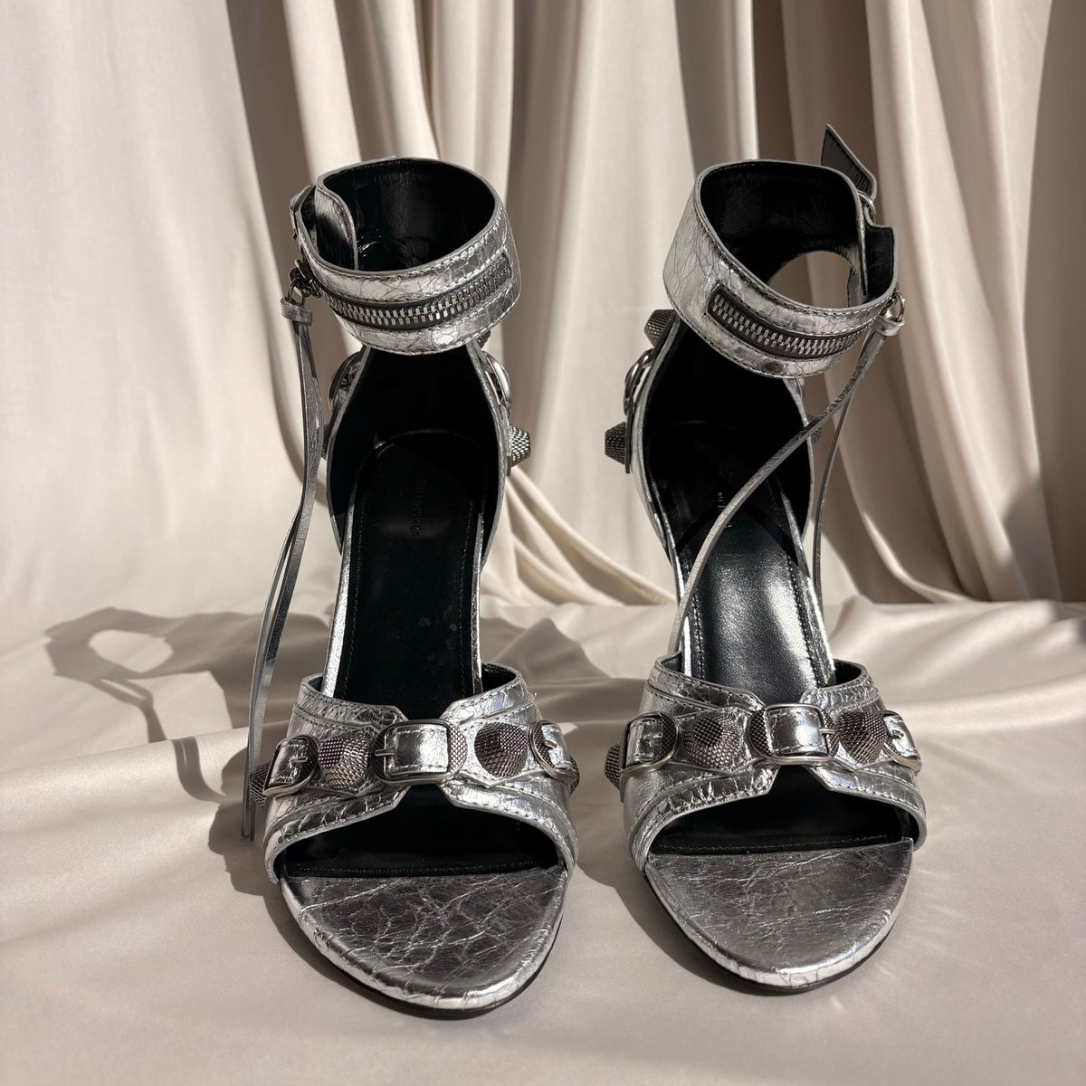Balenciaga Silver Metallic Leather Cagole Studded Heels