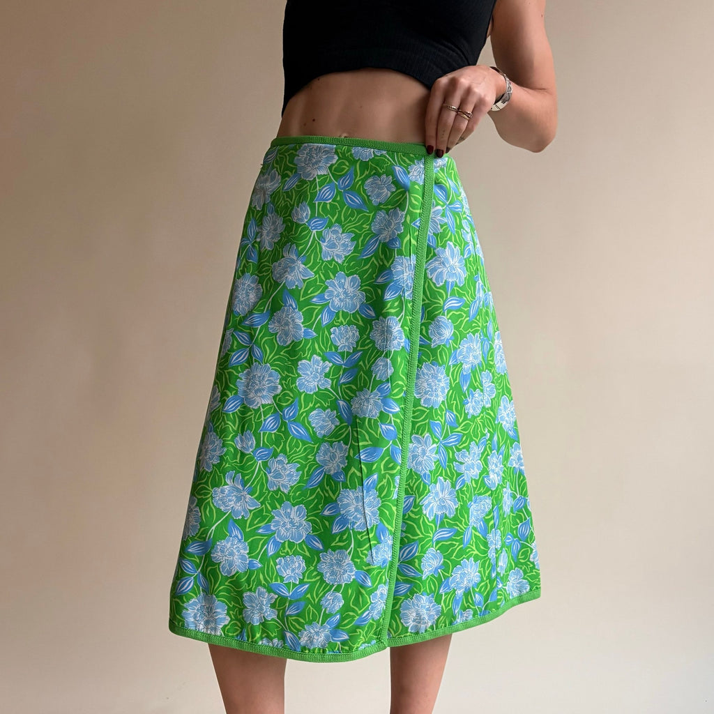 1970s Reversible Floral Wrap Skirt - Green or Baby Blue, One Size