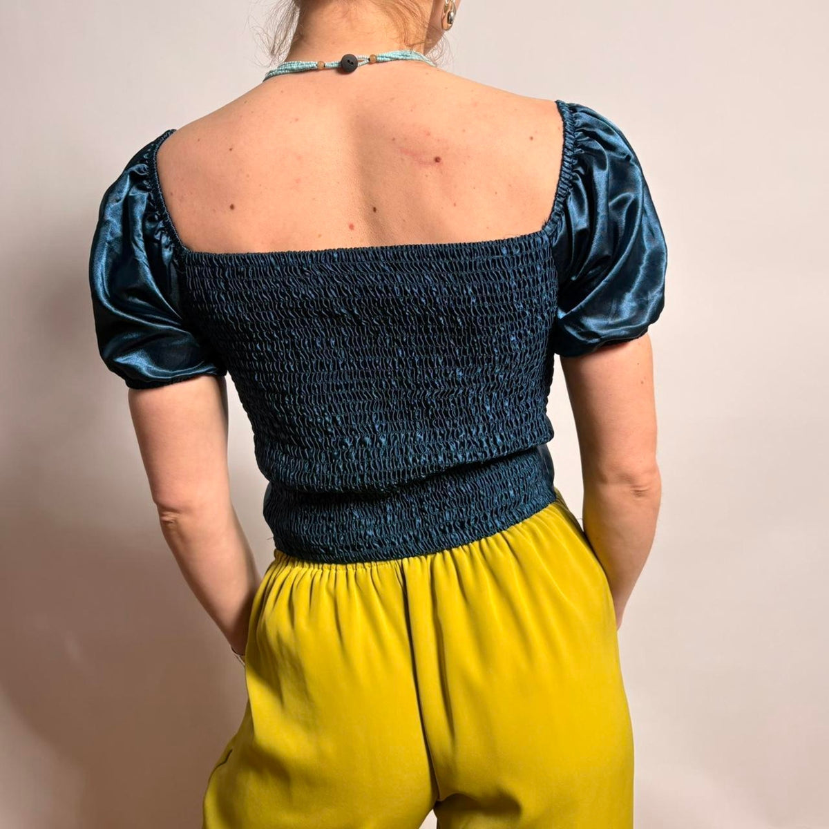 Vintage Handmade Ruching Top - Blue Silky Fabric