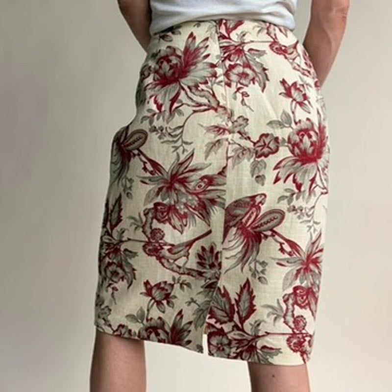 Silk Club Collection Linen Midi Skirt - Cream & Burgundy Floral Bird Print- Size 6