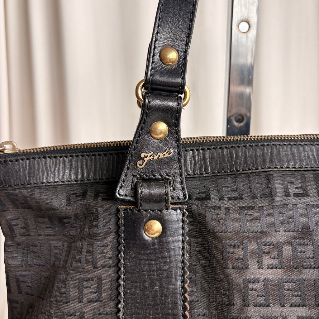 Vintage Fendi Zucchino Black Canvas & Leather Tote - Early 2000s