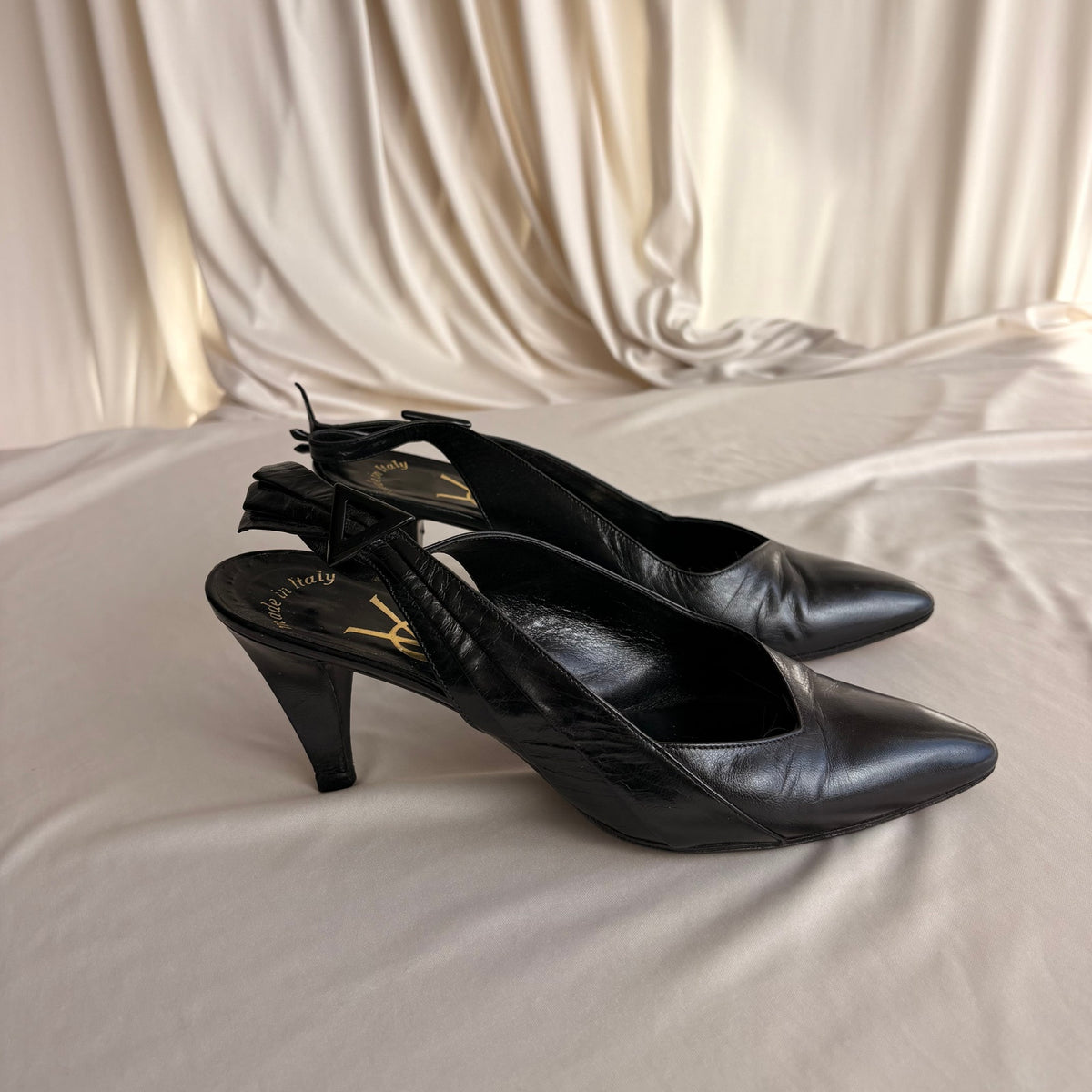 Vintage 80s YSL Black Leather Slingback Heels -  7.5 (fits like a 7)