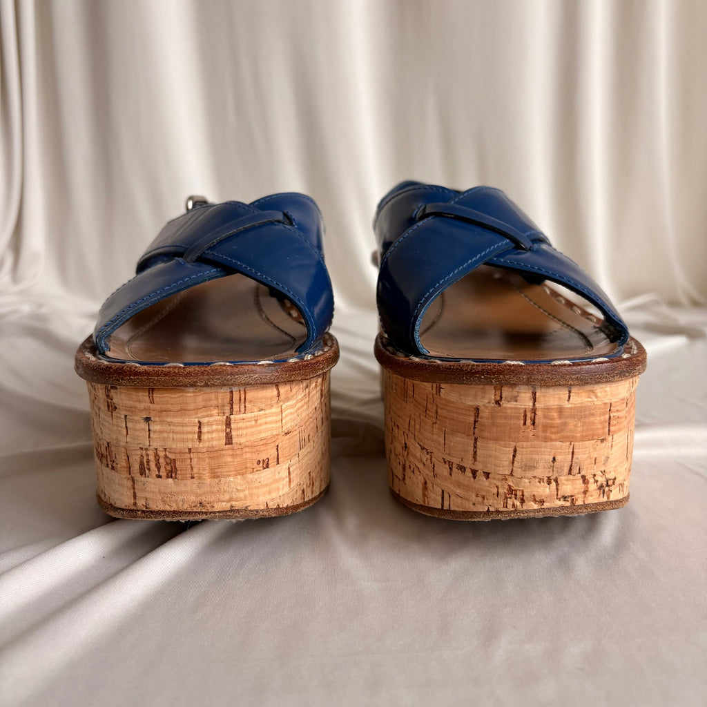 Prada Crisscross Blue Leather Wedge Sandals - EU 38 / US 7