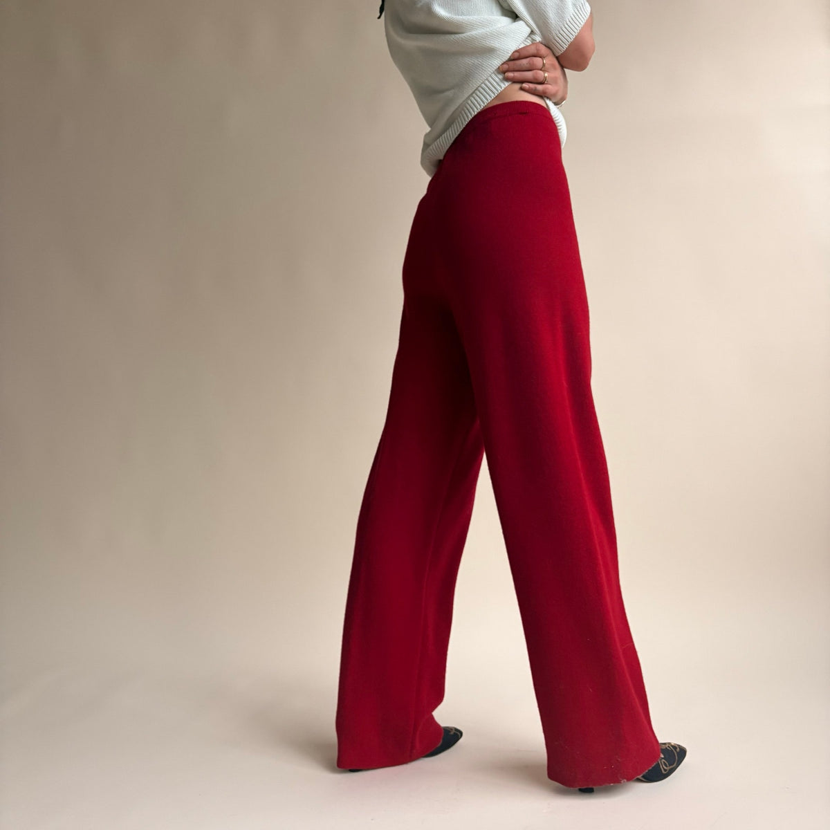 Jones & Co Red Wide Leg Knit Trousers - High Waisted, Size Small
