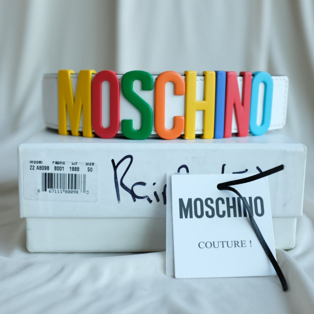 Moschino White Leather Multicolor Logo Buckle Belt Size IT50