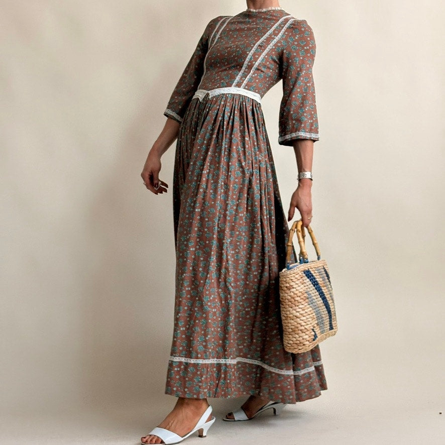 1970s Homemade Prairie Dress - Brown Calico Floral, Lace Trim, Fitted Waist, Fits XS/S