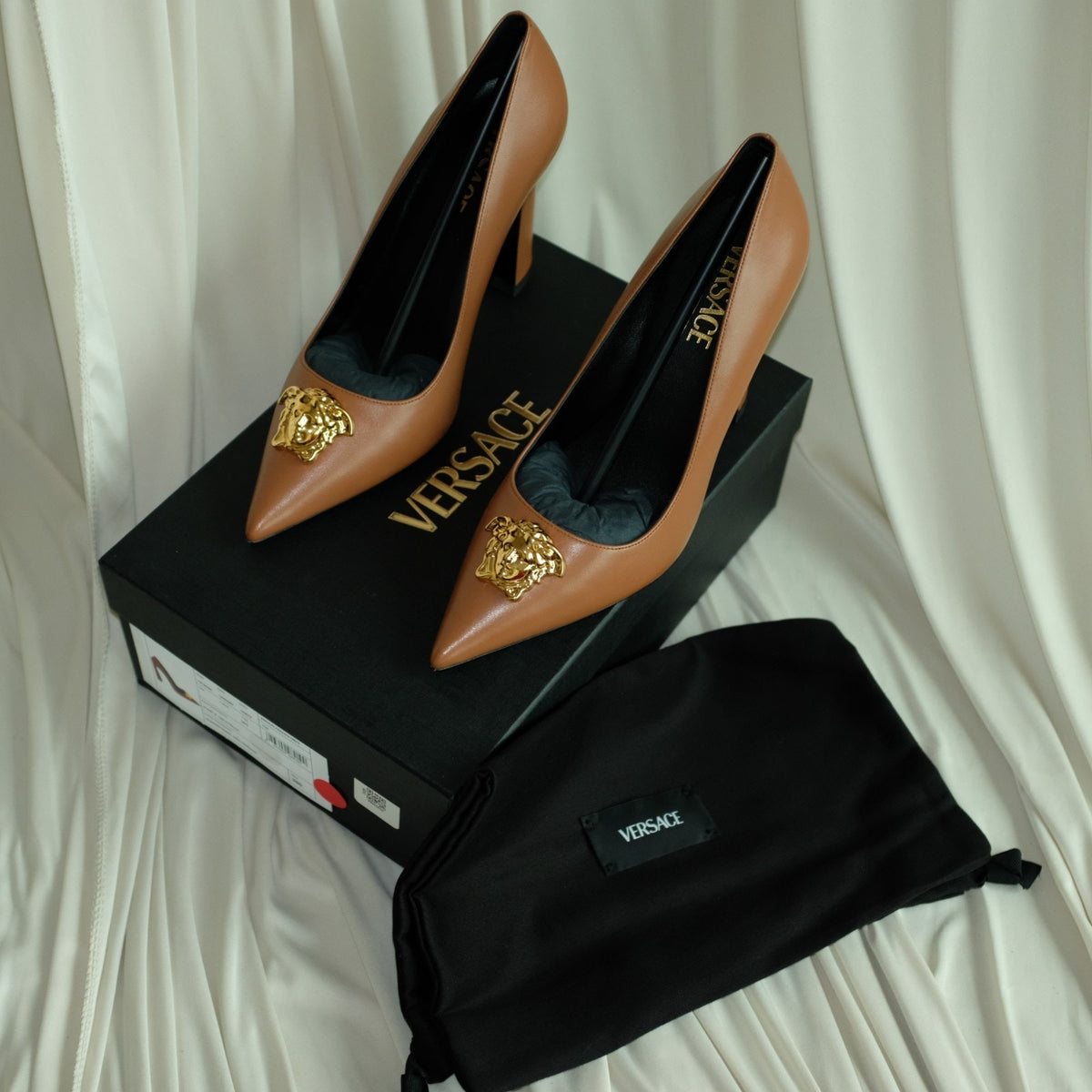 Versace Brown Leather Medusa Logo Pumps - Gold Hardware, EU 38 / US 7.5