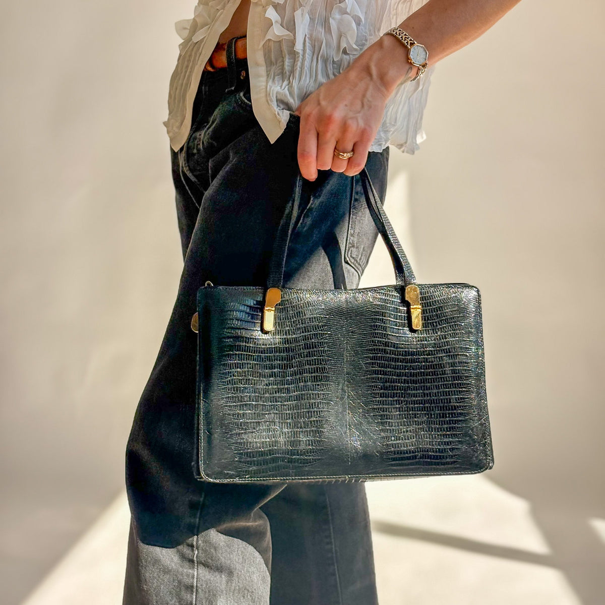 Vintage Loewe Black Patent Croc-Embossed Leather Shoulder Bag