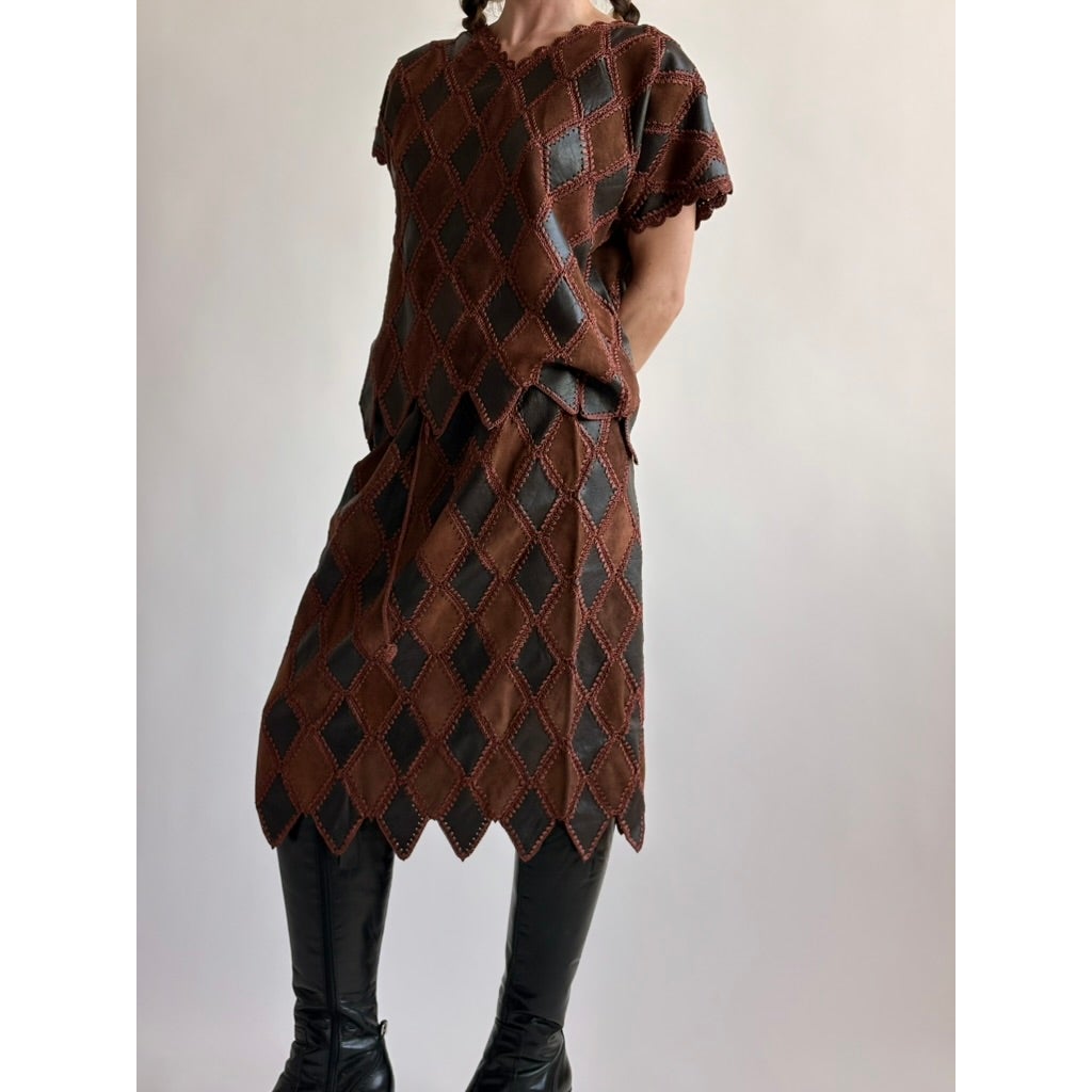 Vintage 1970s Handmade Turkish Diamond Patchwork Leather Skirt