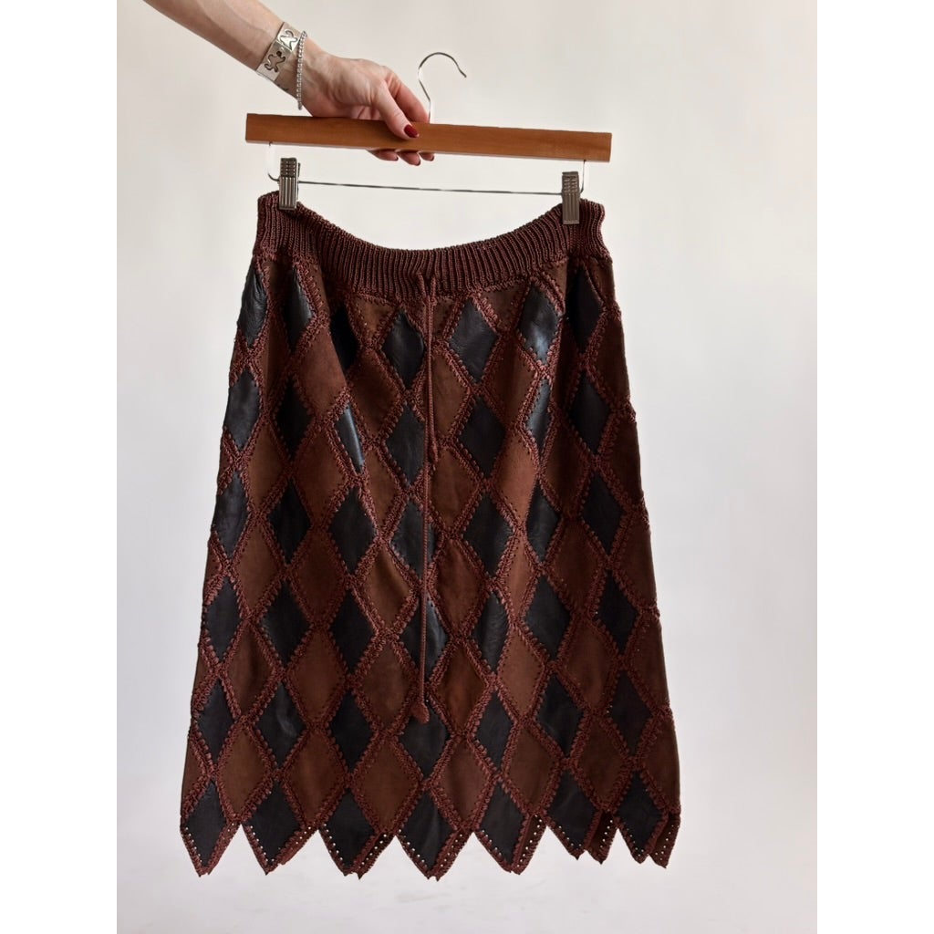 Vintage 1970s Handmade Turkish Diamond Patchwork Leather Skirt