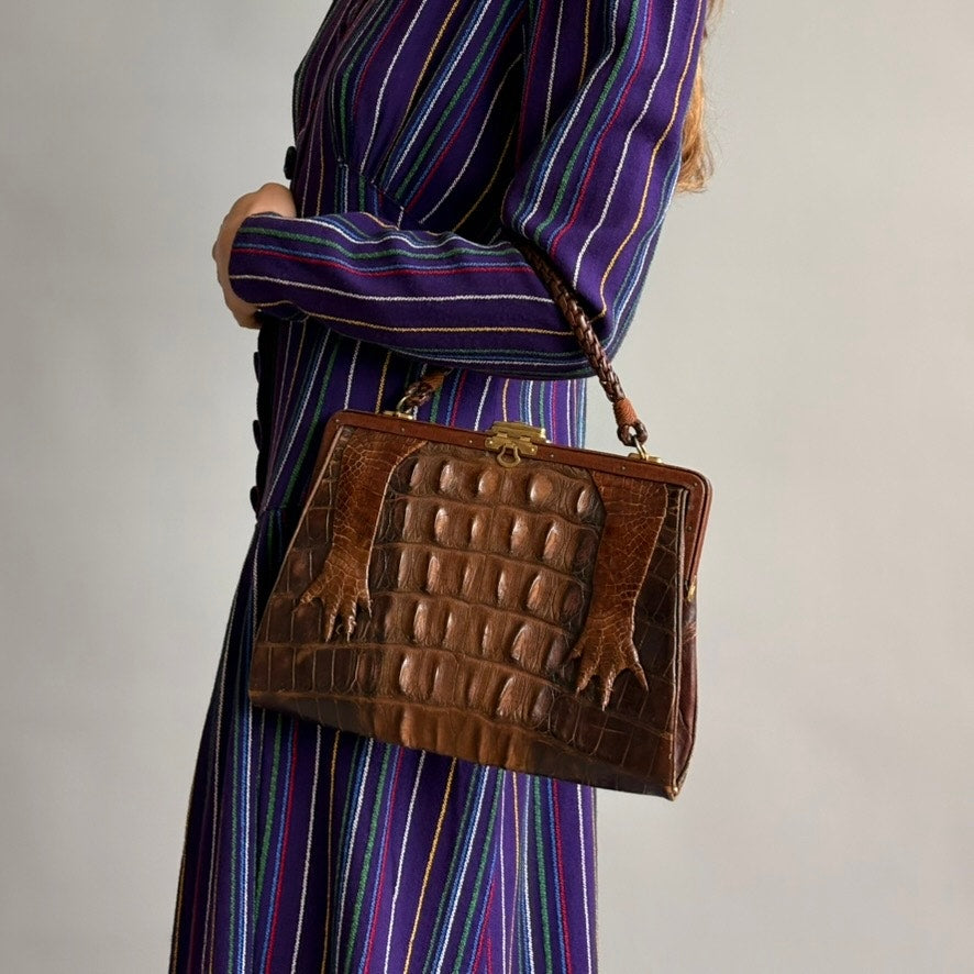 Antique Hornback Alligator Skin Handbag with Taxidermy Paws - Brown
