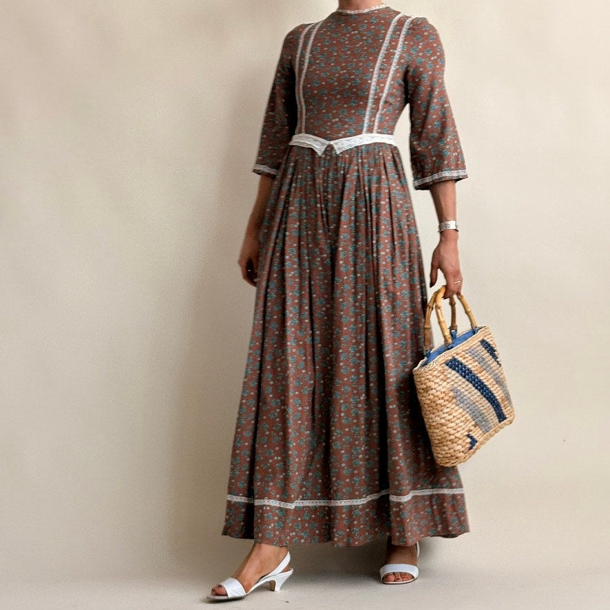 1970s Homemade Prairie Dress - Brown Calico Floral, Lace Trim, Fitted Waist, Fits XS/S