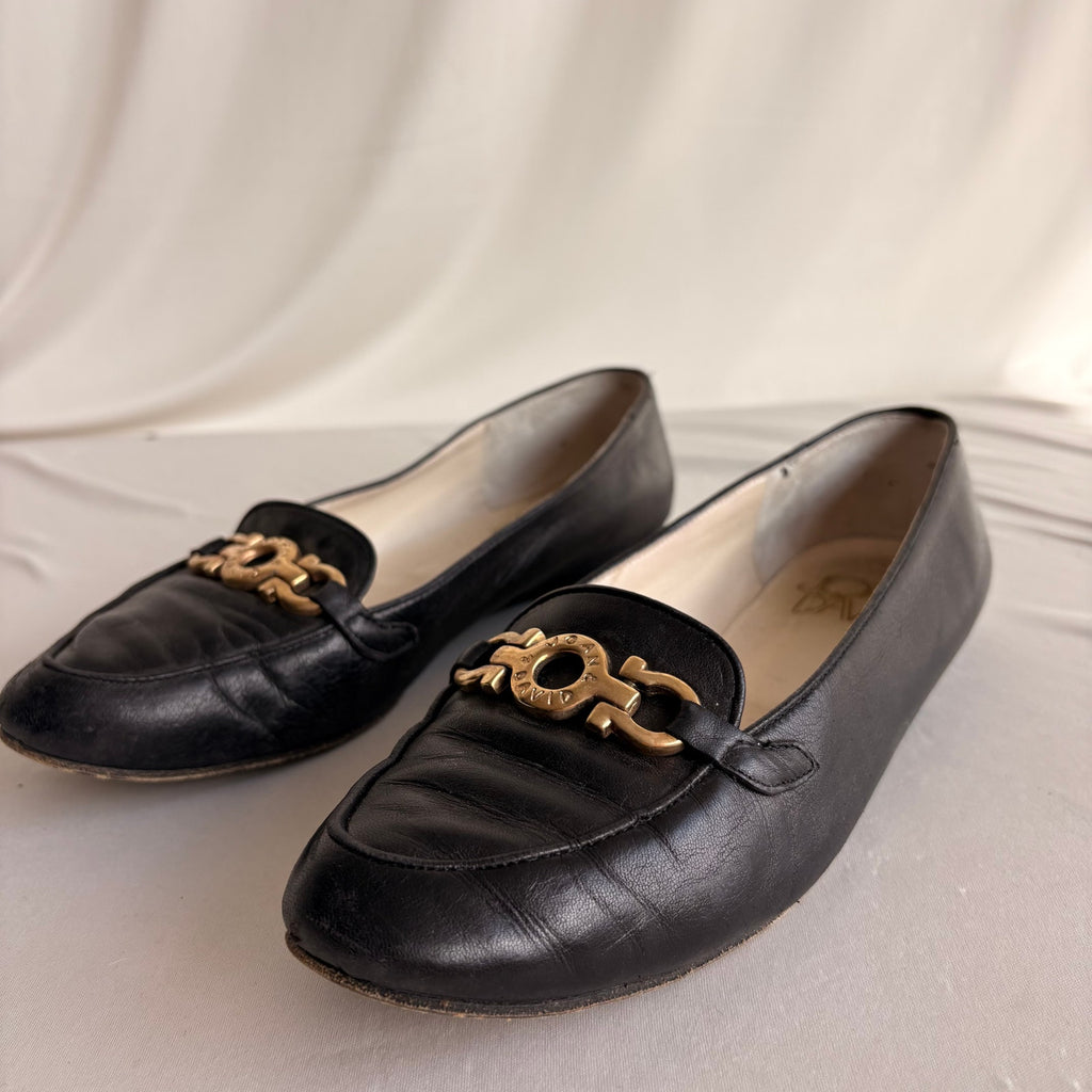 Vintage Joan & David Black Leather Loafers - Gold Gancini Hardware, Square Toe
