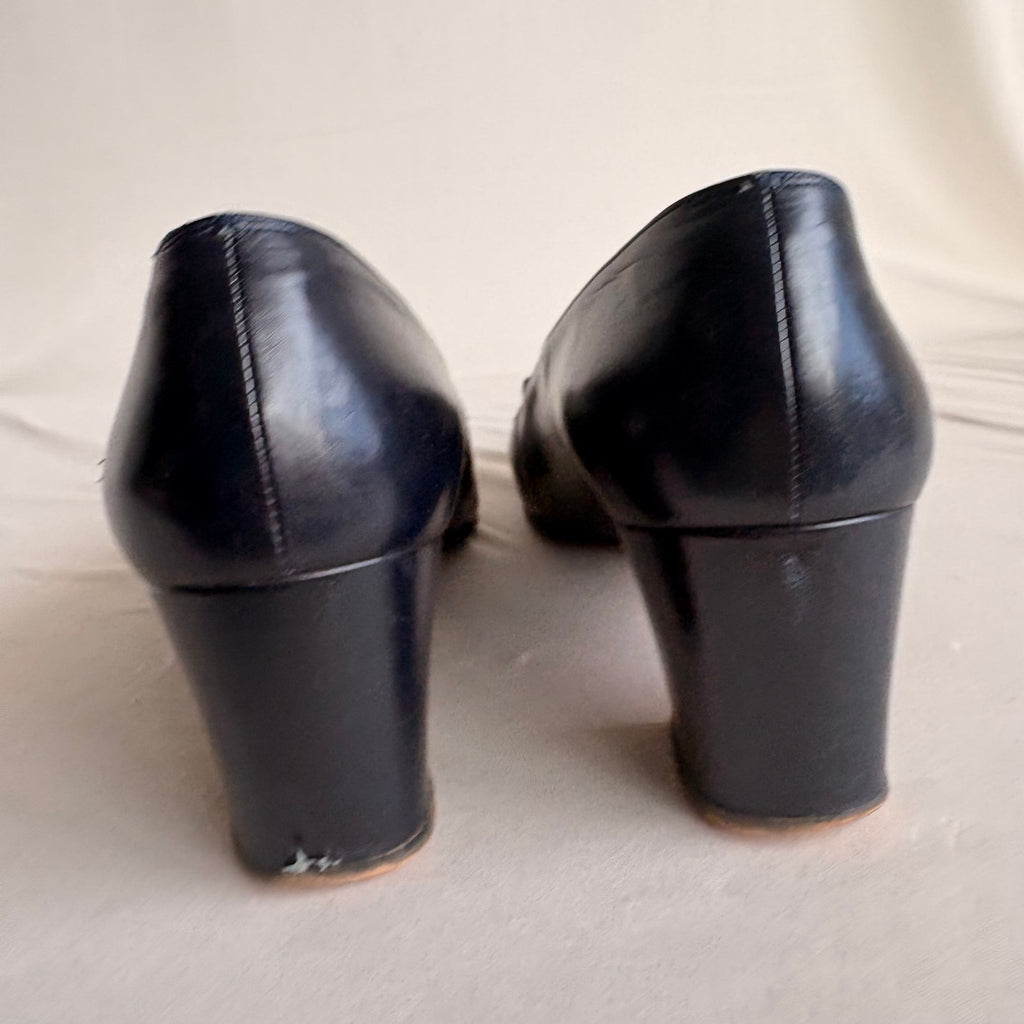 Vintage Ferragamo Navy Leather Heeled Loafers - Gold/Silver Hardware, 7.5