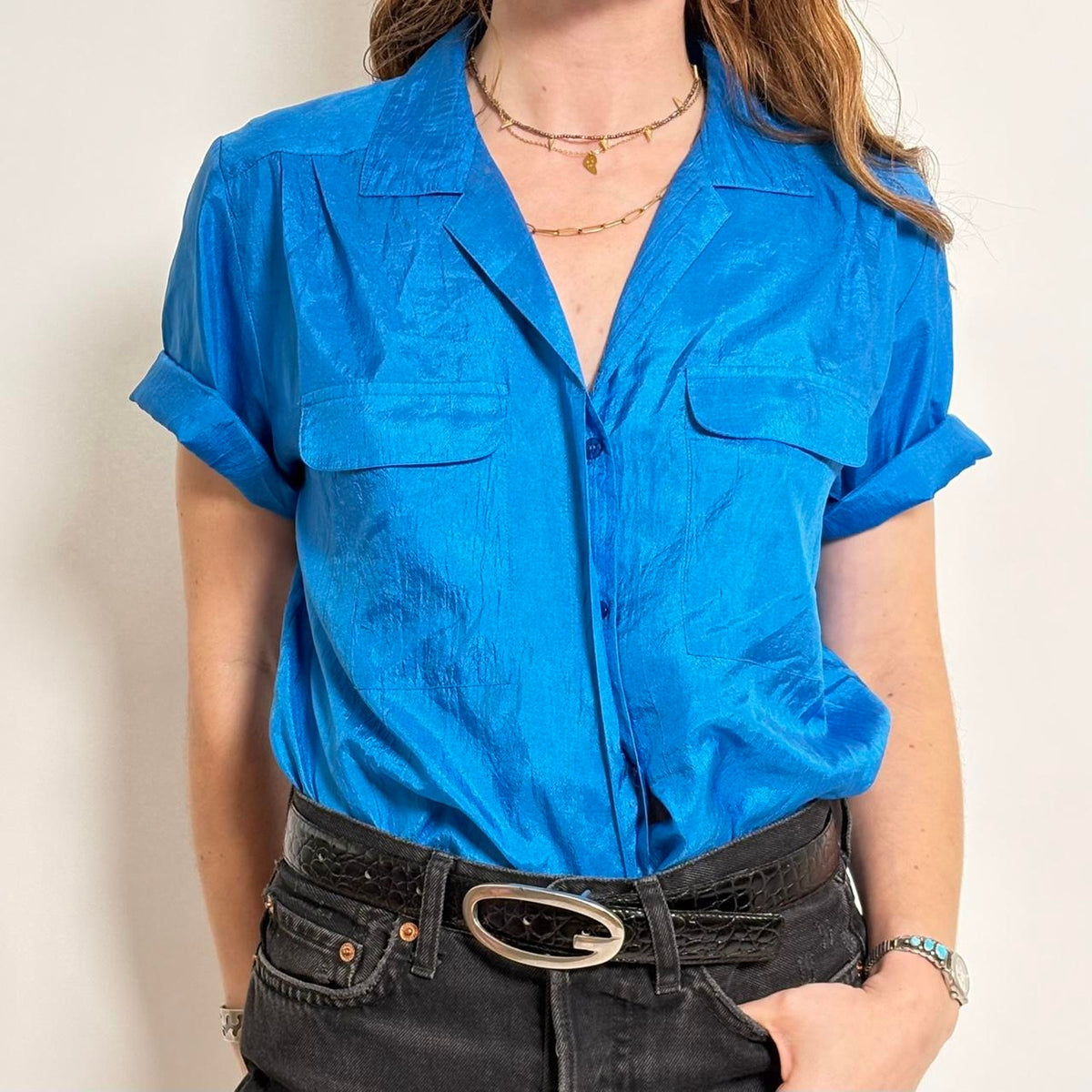 Vintage Laura & Jayne Crinkle Top ~ Iridescent Blue!