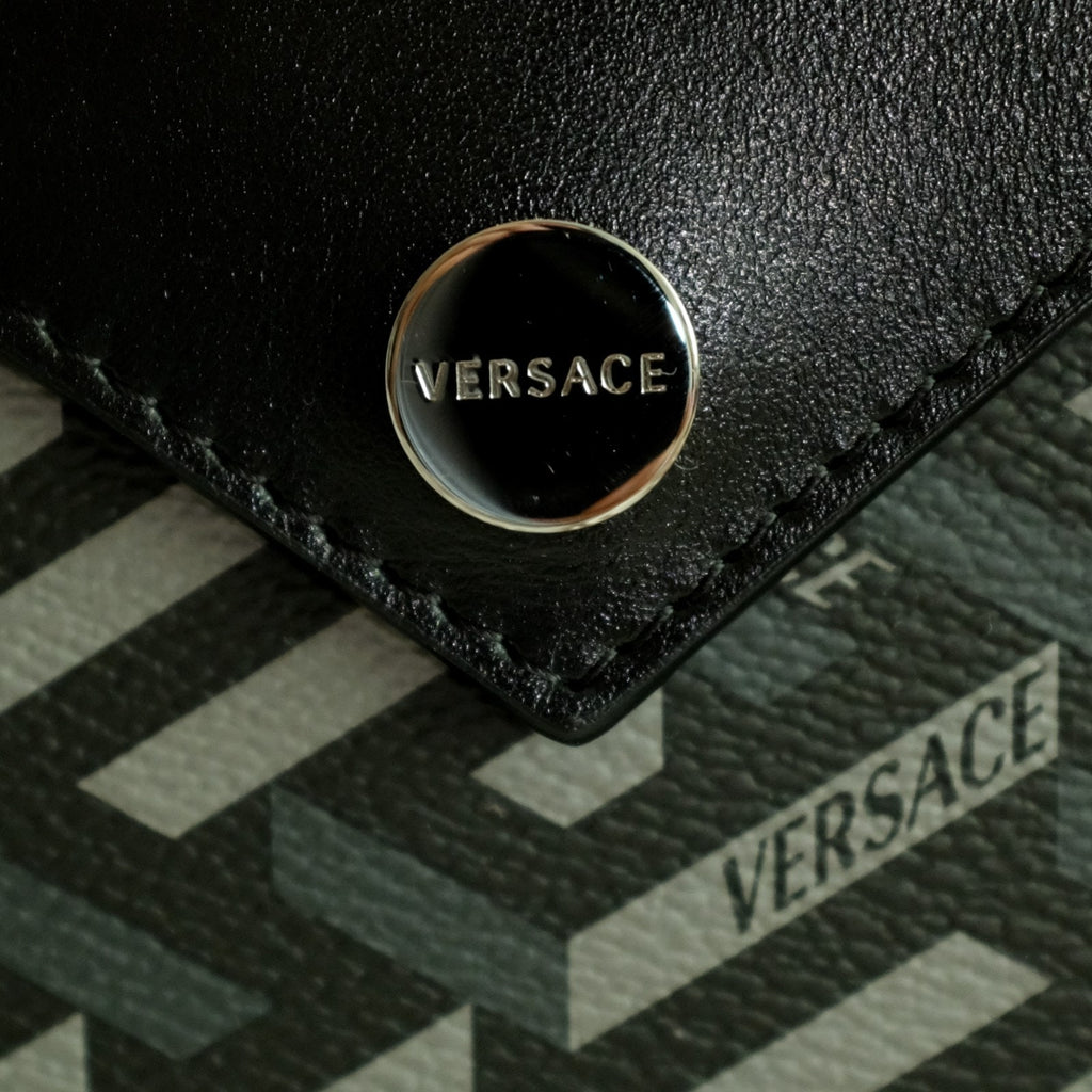 Versace La Greca Signature Crossbody Phone Pouch Leather Black Gray