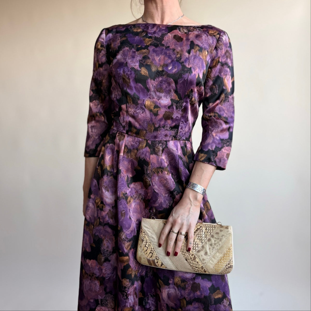 Dark Purple Floral Jacquard Maxi Gown - Boat Neck, Handmade, Fits Size 2