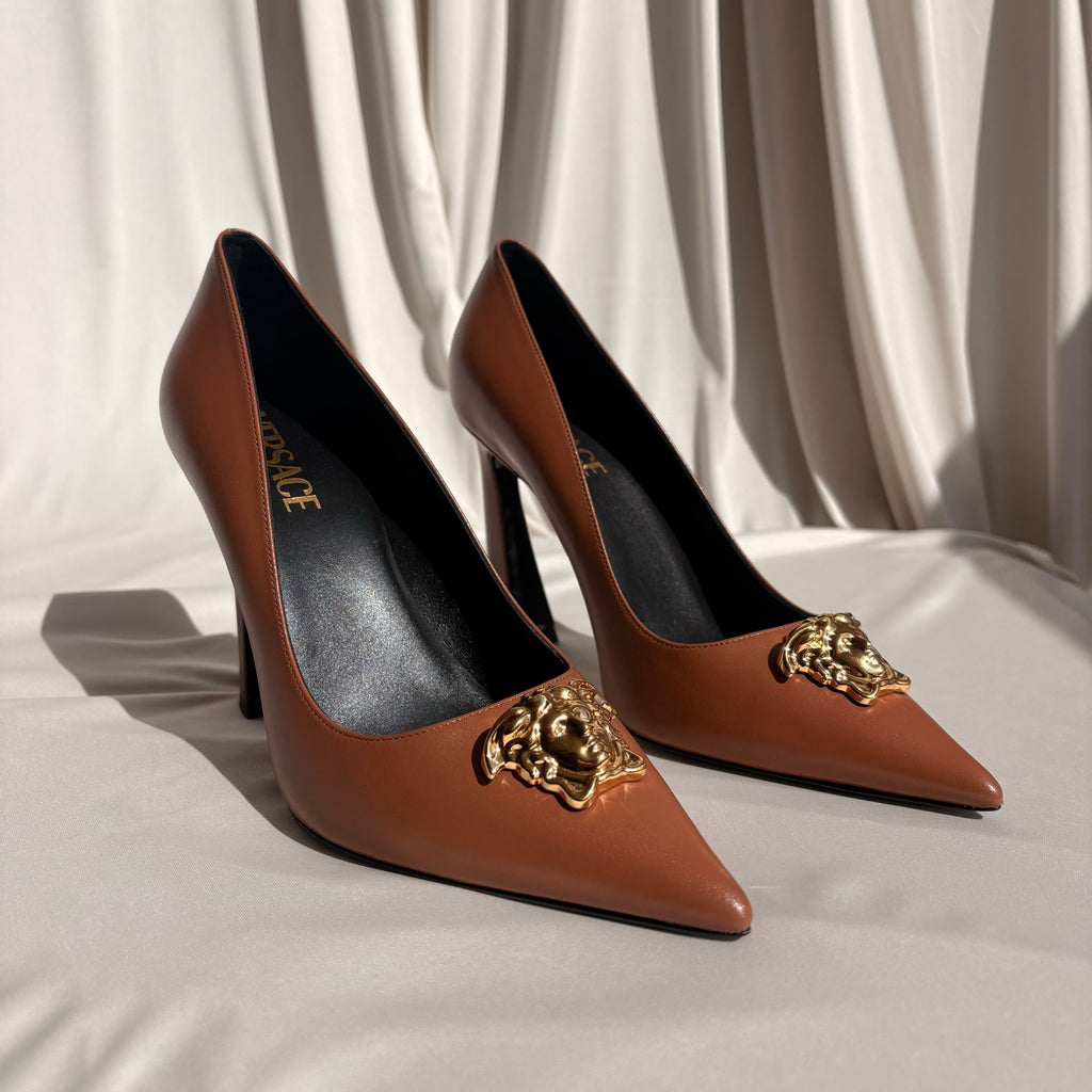 Versace Brown Leather Medusa Logo Pumps - Gold Hardware, EU 38 / US 7.5