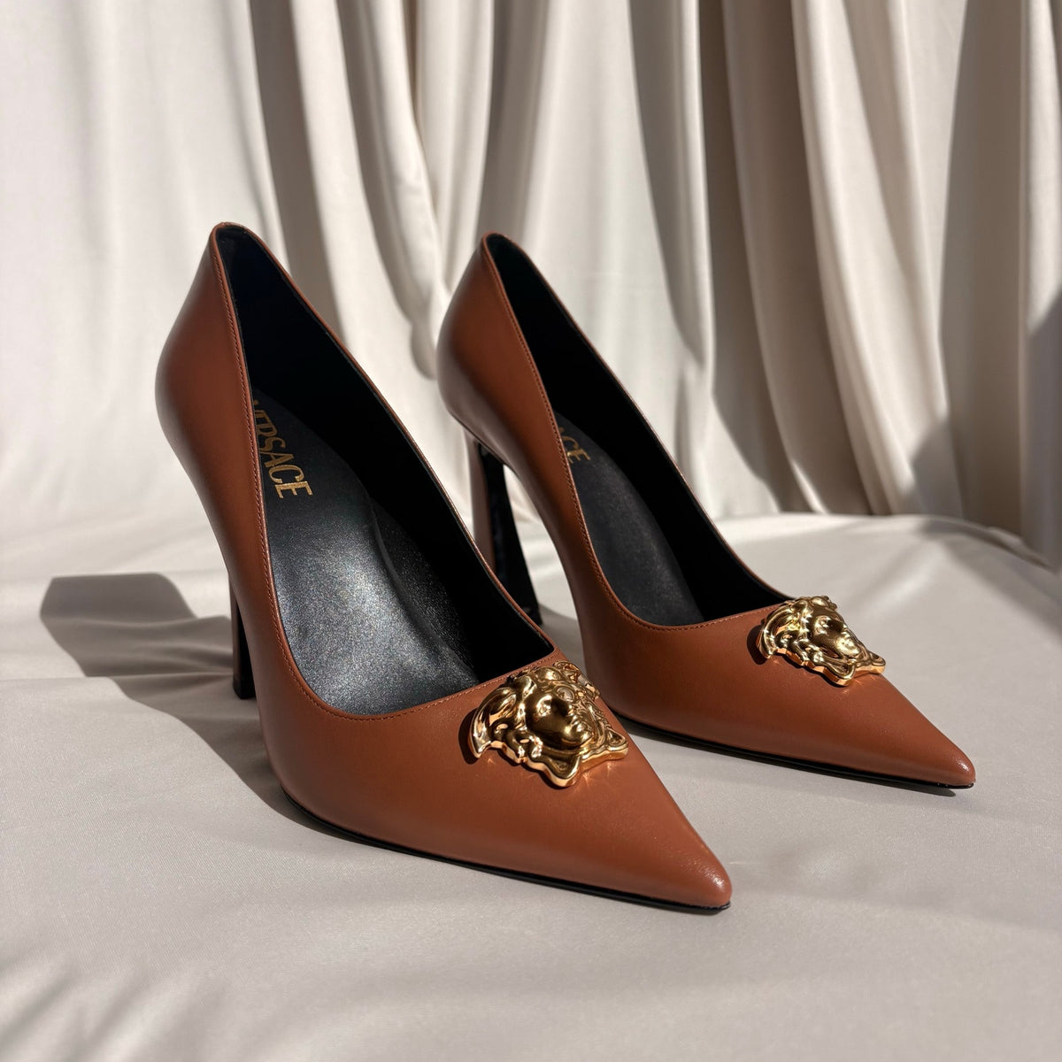 Versace Brown Leather Medusa Logo Pumps - Gold Hardware, EU 38 / US 7.5