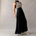 Vintage 70s Black & Gold Striped Halter Maxi Dress - Ruffle Hem