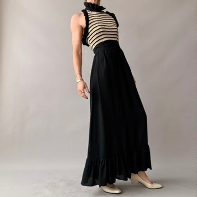 Vintage 70s Black & Gold Striped Halter Maxi Dress - Ruffle Hem