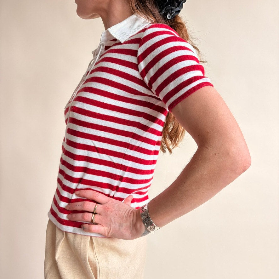 Rafaella Striped Polo Shirt - Red/White, Lace-Up Neckline,  Size Small