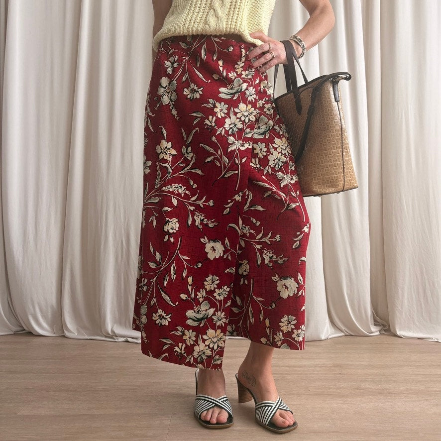 Talbots Floral Wrap Skirt - Red/Cream, Button Side - Size 12 (Fits L)