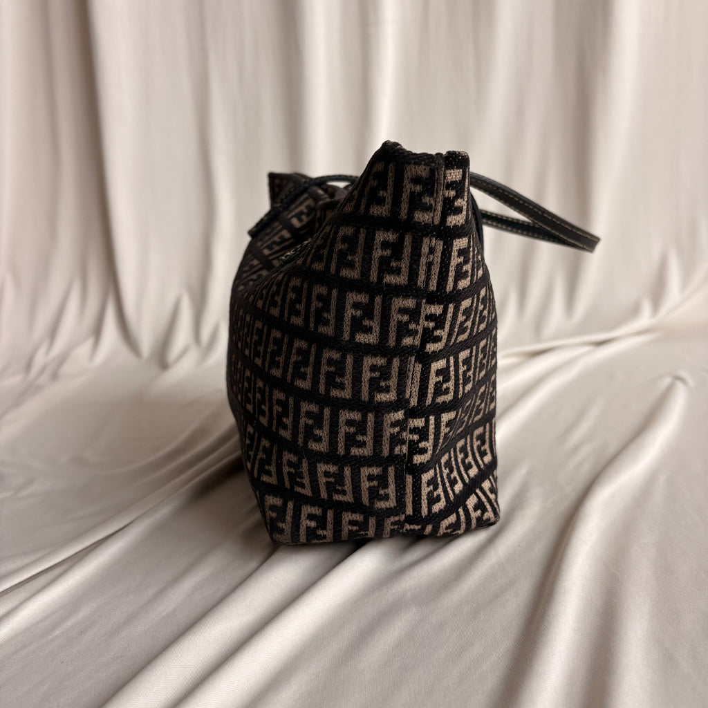 Vintage Fendi Zucchino Roll Tote - Black & Tan Textured Canvas