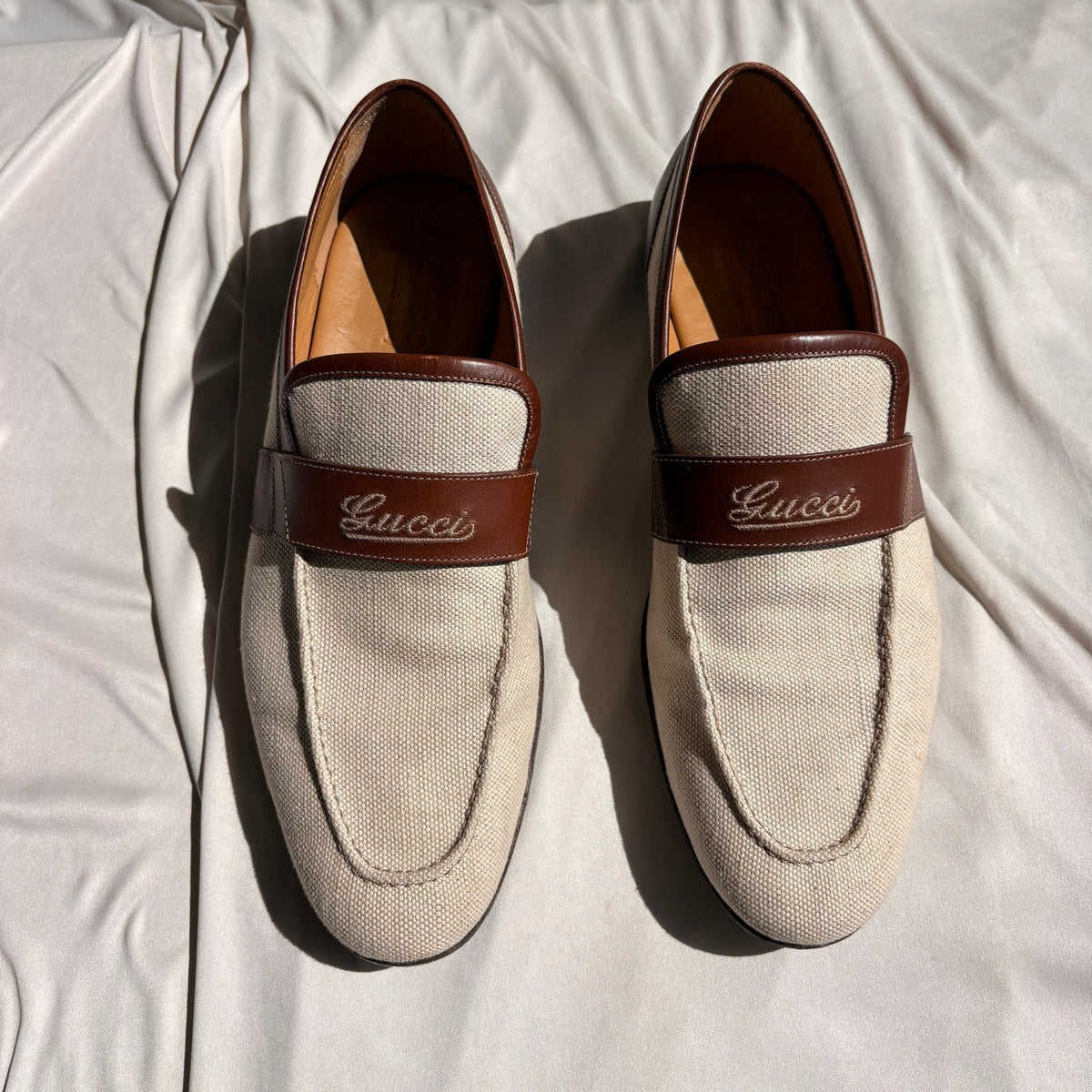 Vintage Gucci Slip-On Loafers - Cream Canvas, Brown Leather, EU 39