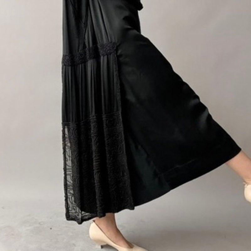 Antique 1920s Black Silk Satin Hand-Beaded Lace Shift Dress