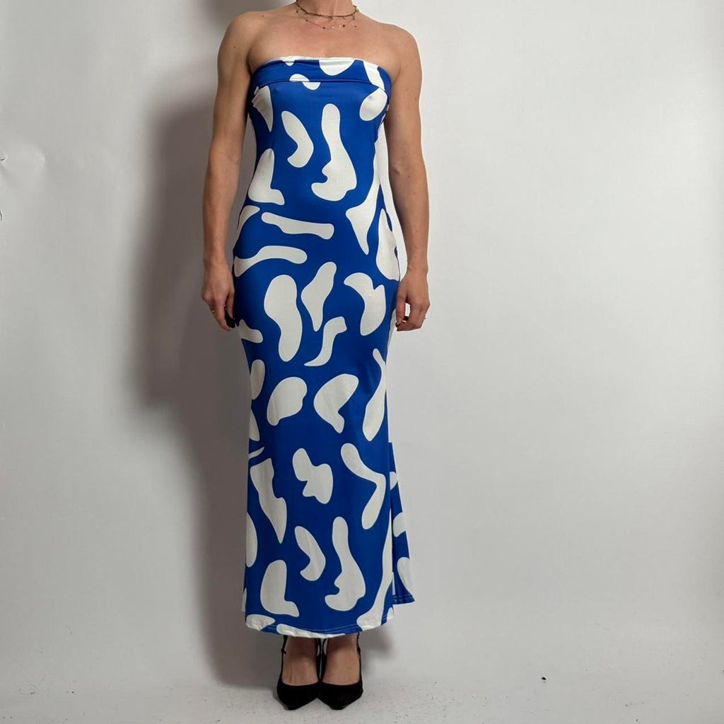 Blue & White Abstract Bodycon Maxi Dress - Fits Small