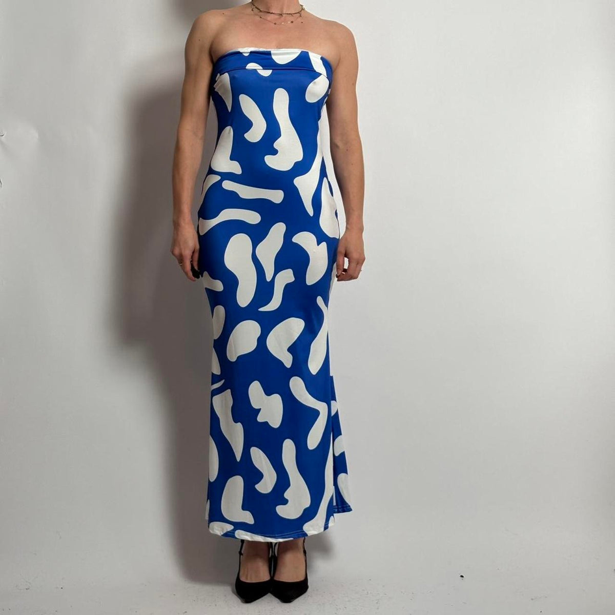Blue & White Abstract Bodycon Maxi Dress - Fits Small
