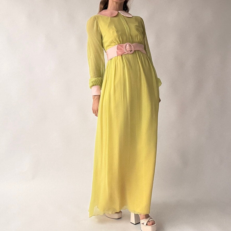 Vintage 60s/70s Chartreuse Peter Pan Collar Maxi Dress w/ Belt