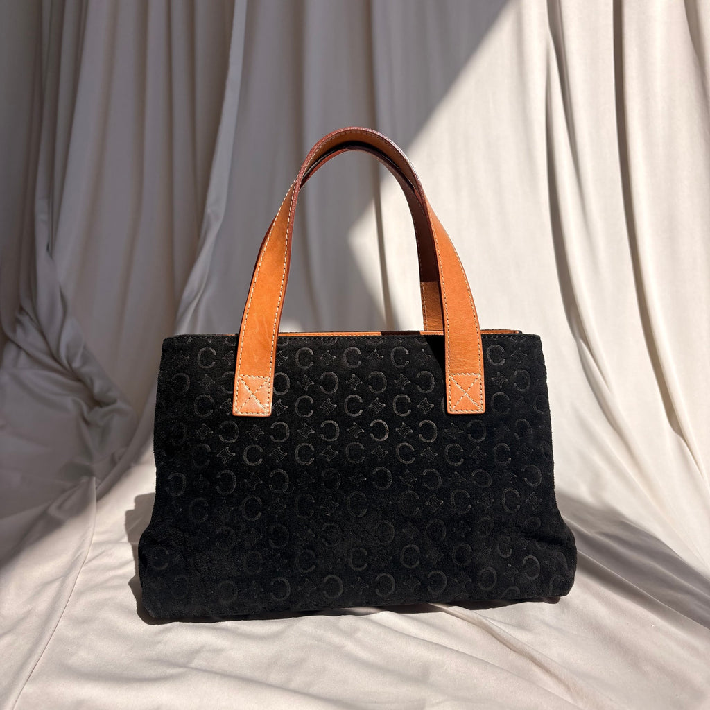Celine C Macadam Tote Bag - 90's - Black Suede, Tan Leather Handles