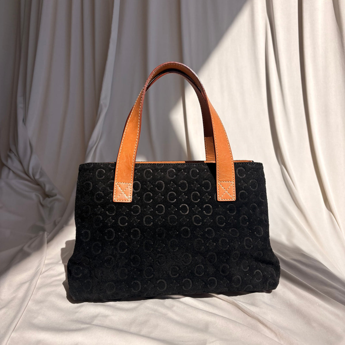 Celine C Macadam Tote Bag - 90's - Black Suede, Tan Leather Handles