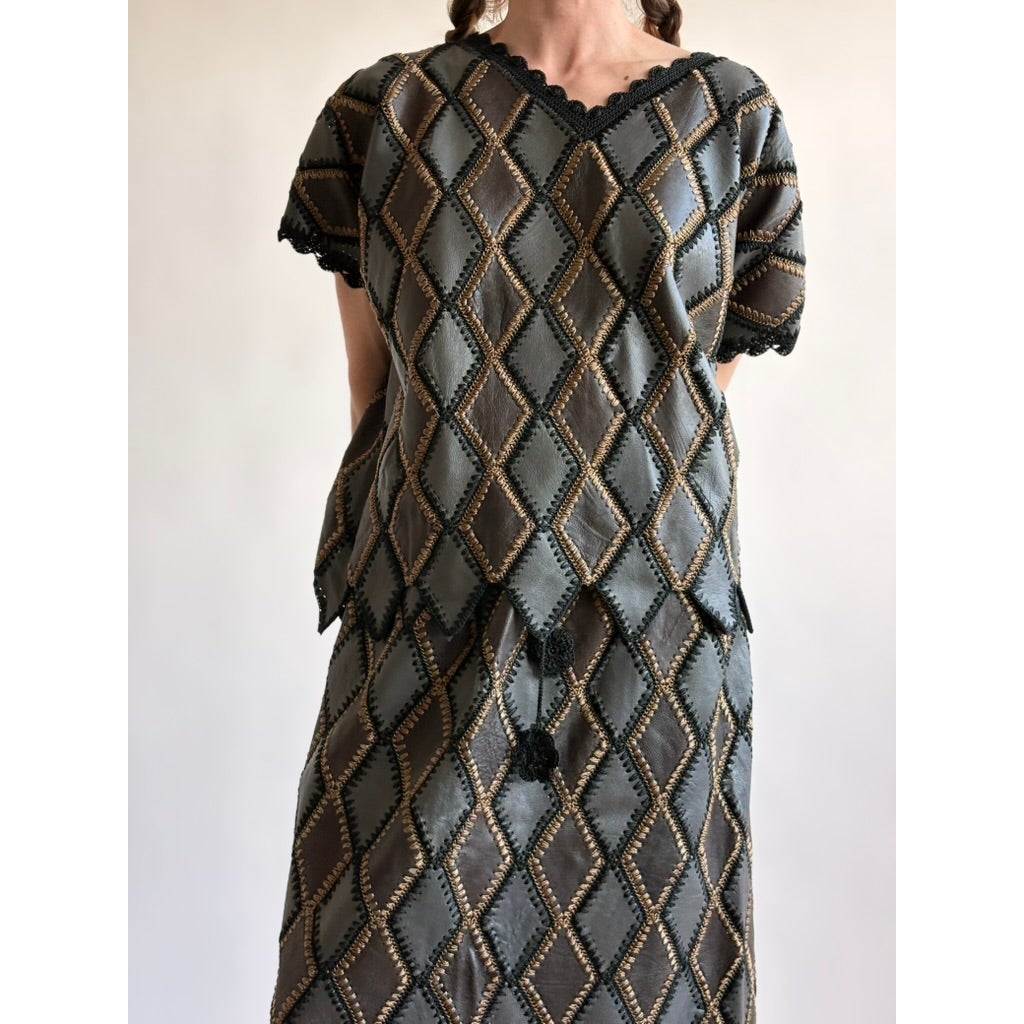 Vintage 1970s Handmade Turkish Diamond Patchwork Leather Top