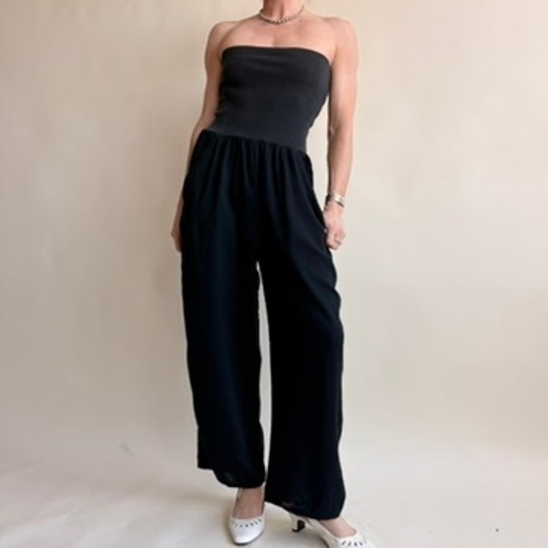 Chaus Black Ribbed Tube Top Jumpsuit - Wide Leg, Pockets, 90s Vintage, Size Small
