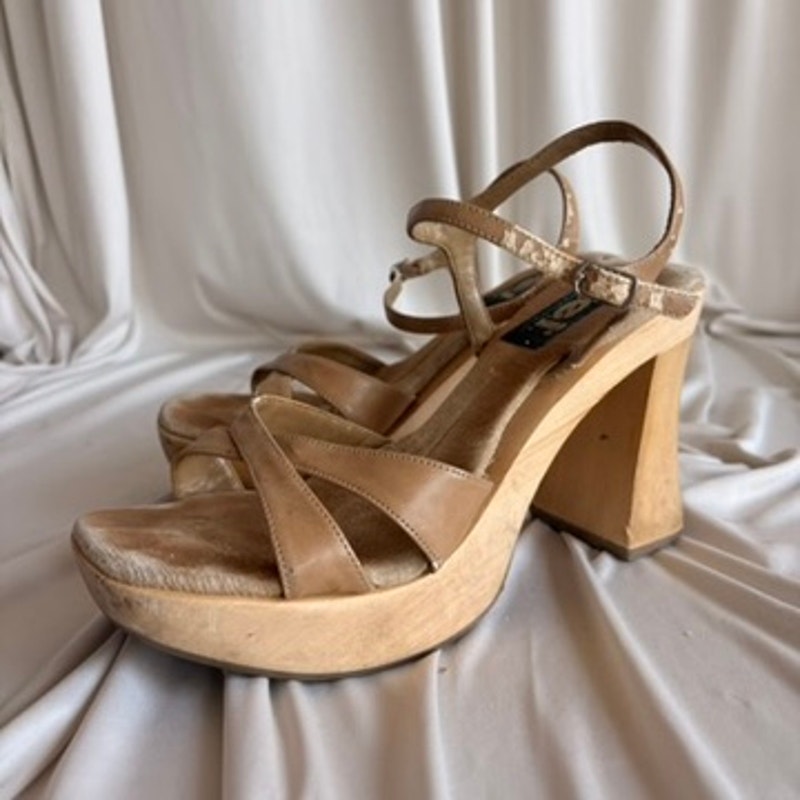 l.e.i. Wooden Platform Sandals - Brown Strappy, Chunky Block Heel, 90s/Y2K, Size 8