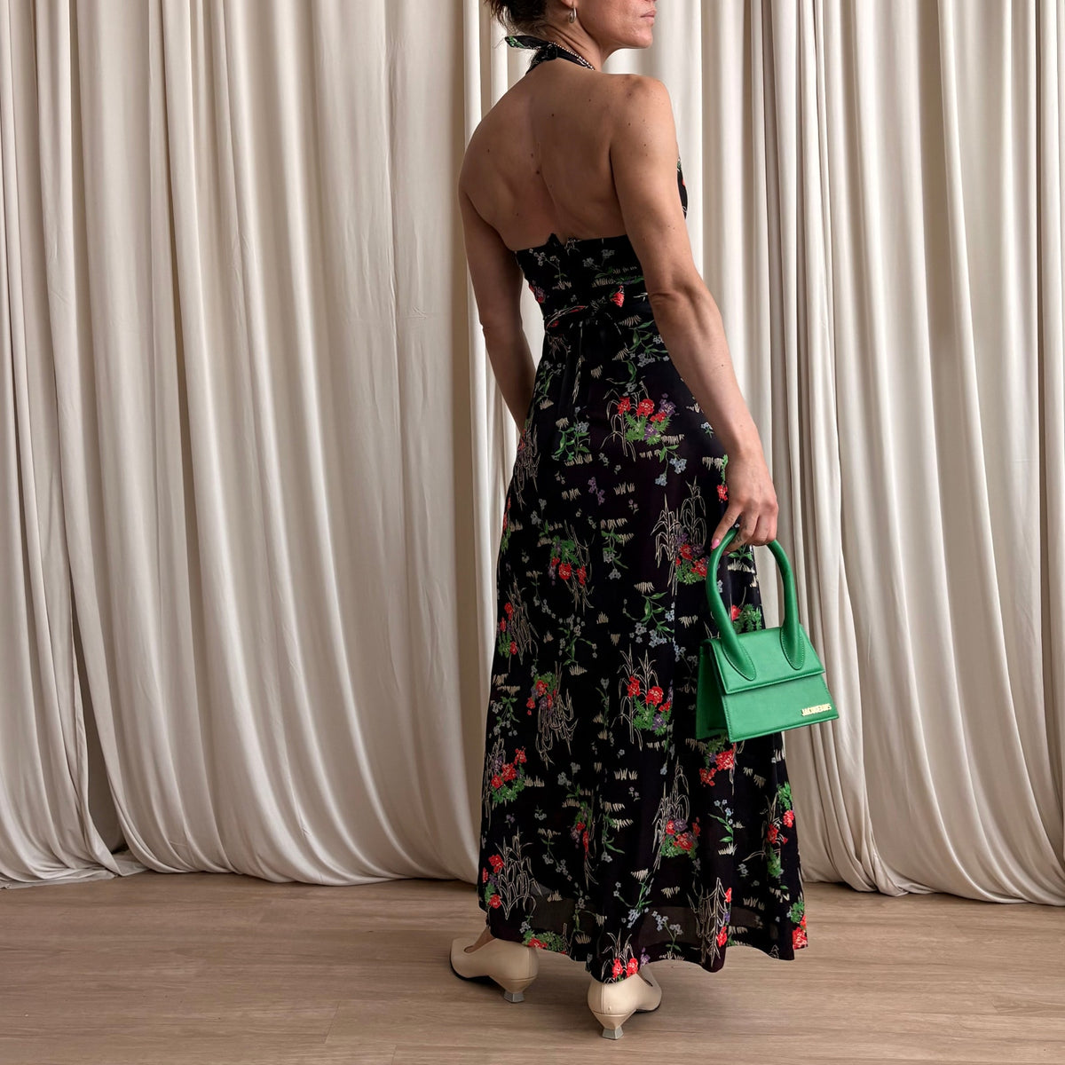Leslie J 70s Black Floral Halter Maxi - Vintage Romantic, Fits Small