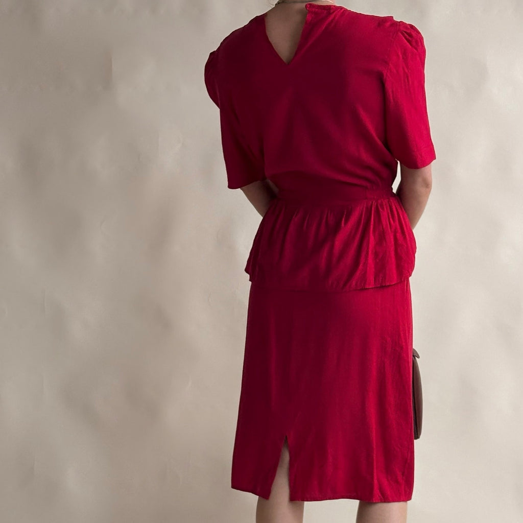 South Bay Vintage Red Wrap Peplum Dress - Pleated Detail, Tie Waist