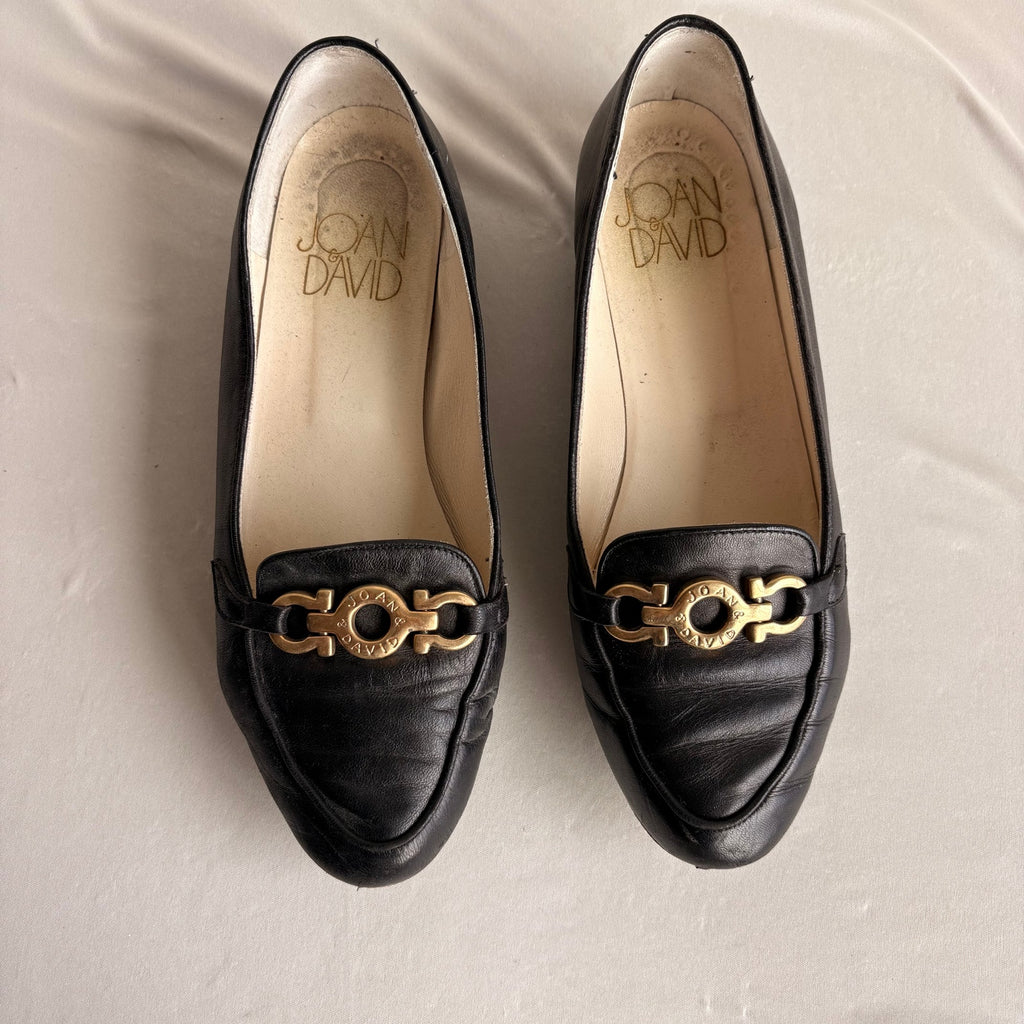 Vintage Joan & David Black Leather Loafers - Gold Gancini Hardware, Square Toe