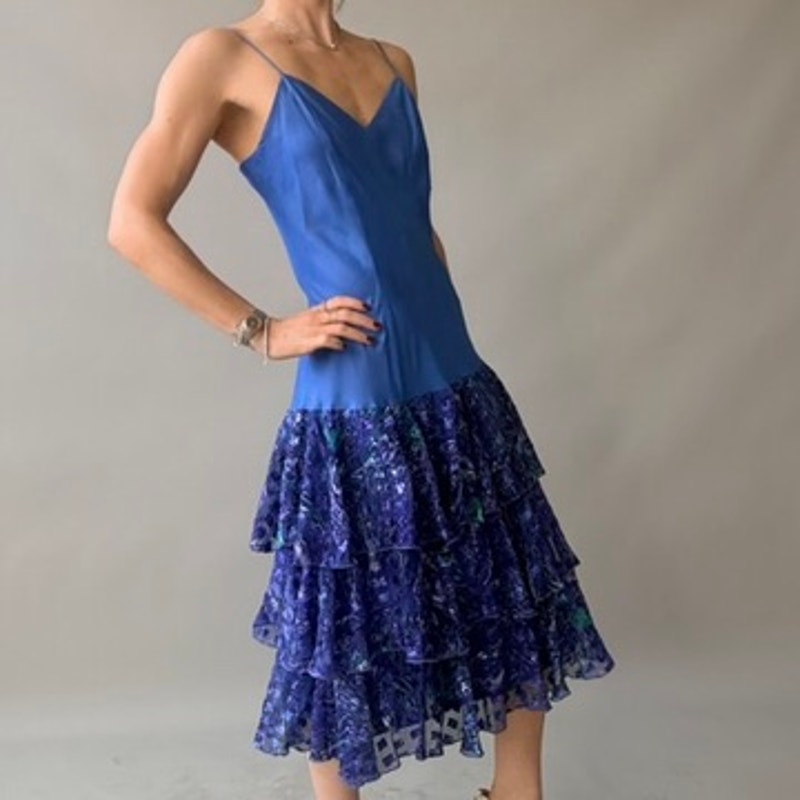Ann Hobbs for Cattiva Blue Silk Drop-Waist Dress - Peacock Ruffle Tiered Skirt