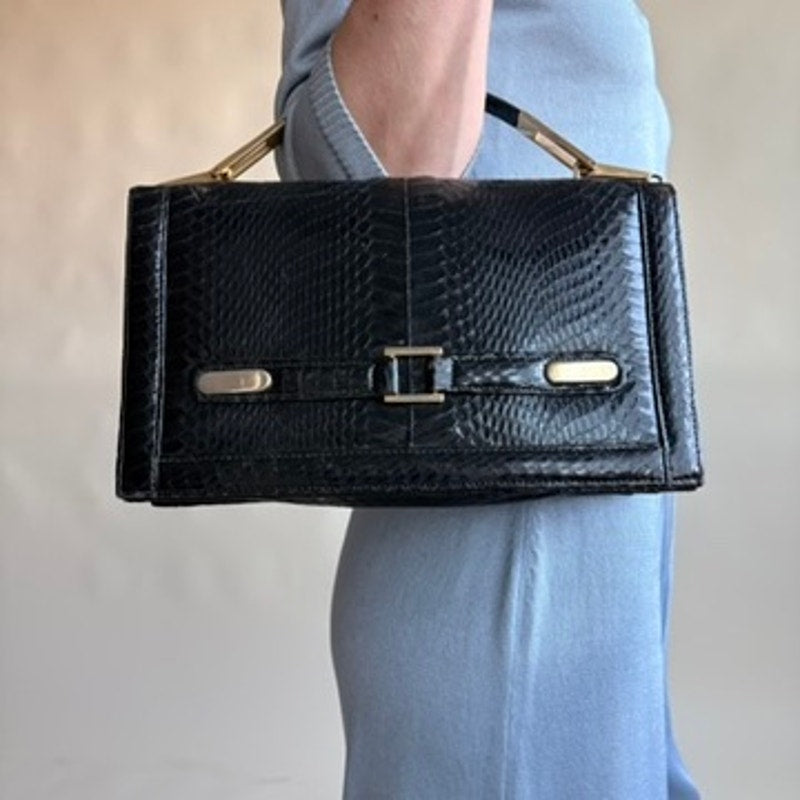 1940s/50s Black Snakeskin Bag - Gold Hardware, Suede Interior, 3 Sections