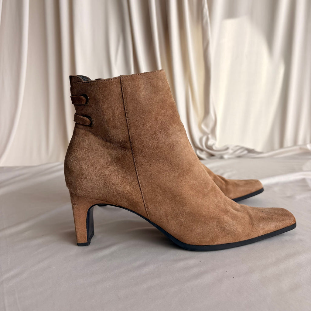 Bandolino Tan Suede Ankle Boots - Pointed Square Toe, Block Heel, 7.5
