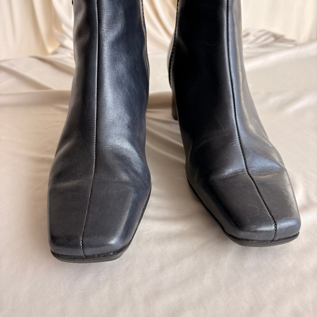 Vintage Navy Blue Leather Ankle Booties - Square Toe, Buckle Detail, 7.5