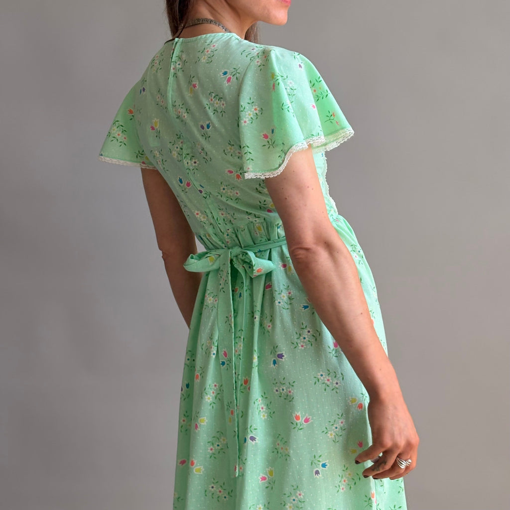 Vintage 70s Sears Growing Girl  Green Floral Prairie Dress - Small